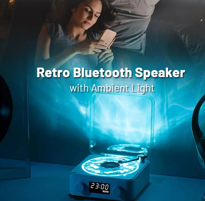 Retro Turntable Bluetooth Speaker with RGB Projection Lights — Vinyl Aesthetic Home Decor